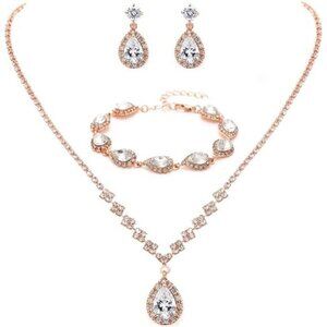 Rose Gold Bridal Crystal Necklace Earrings Set Bridal Wedding Jewelry Set